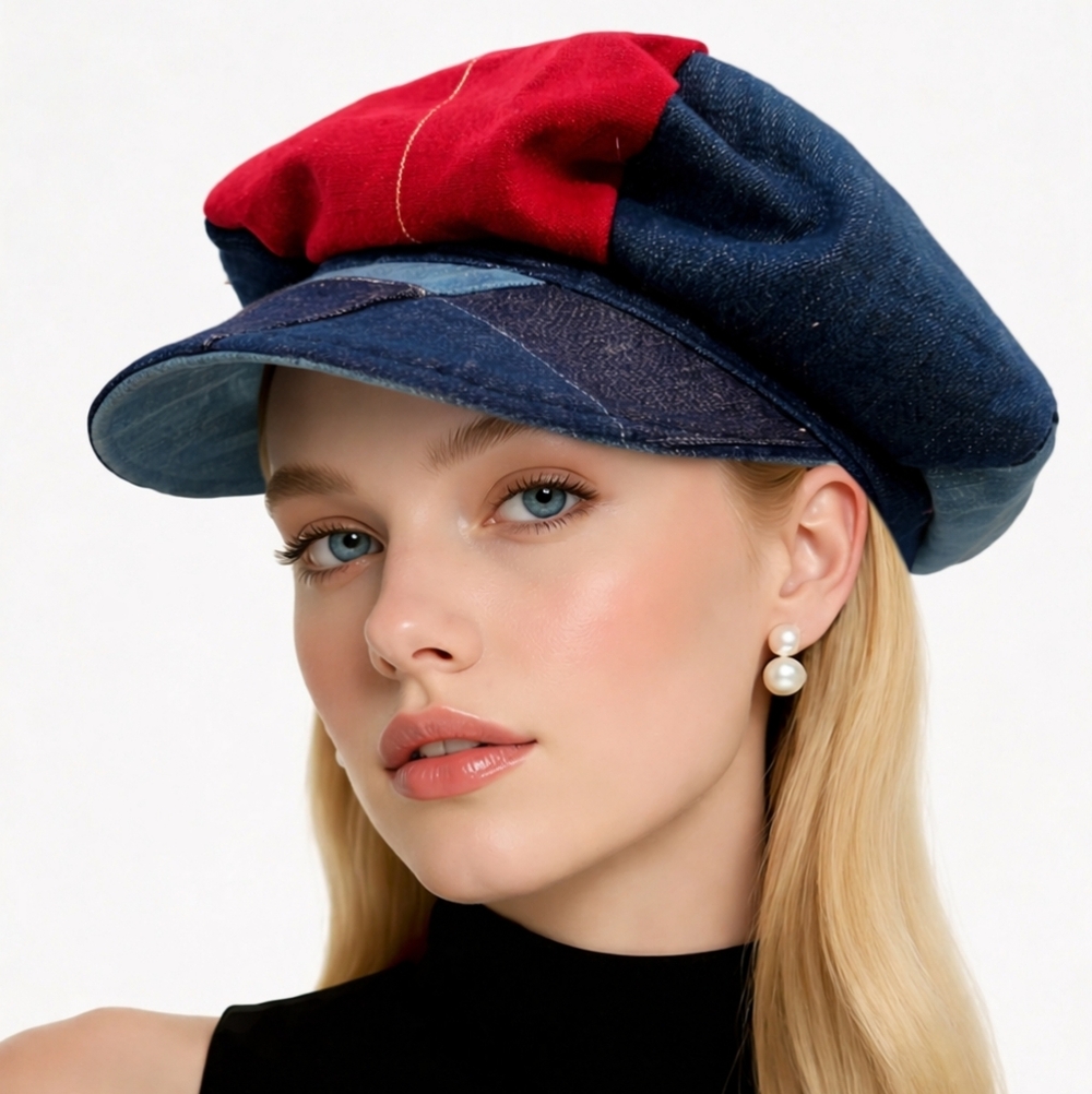 M. Gregg Studio 80s 6 Panel Flap Stylish Blue Red Beret Hat M